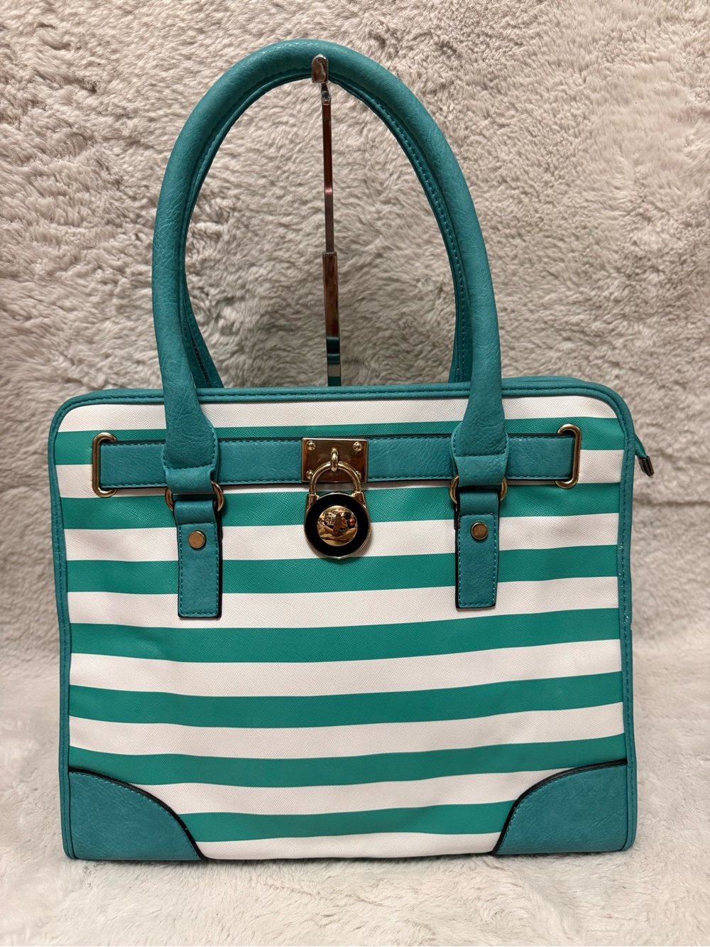 Teal and White Striped Tote Bag with Gold Accent